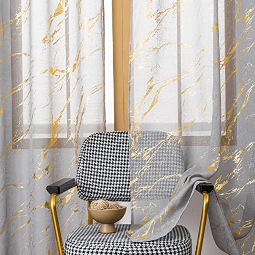 "Sutuo Home Marble Sheer Curtains 63 Inch Length 2 Panels Set, Gold Foil Print Metallic Bronzing, Privacy Window Treatment Abstract Drape Pair for Bedroom Kitchen Living Room 52"" W x 63"" L, Grey"