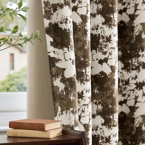 100% Blackout Brown Floral Curtains,Vintage 96 Inch Thick Window Drapes 2 Panels Set for Living Room Thermal Insulated Chenille Treatments Room Darkening Texture Curtain Bedroom Flower Drapes, Brown