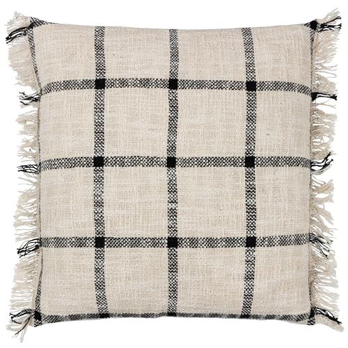 furn. Yard Beni Cushion Cover – Woven Check Cotton with Double Fringed Trim (Natural/Black – 45 x 45 cm)