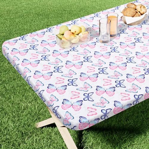 "homing Rectangle Printed Fabric Tablecloth, Elastic Fitted Table Cloth for 6 Foot Table, Washable Polyester Table Cover for Outdoor, Picnic, Camping and Indoor, (Butterflies, 30"" x 72"")"