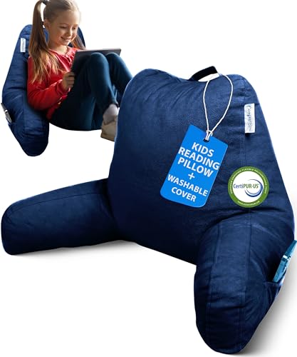 ComfortSpa Reading Pillow for Bed Adult Size, Back Rest Pillow with Arms, Pockets, Washable Cover Use as Back Pillow for Bed Sitting Up for Bedrest or Relief from GERD Heartburn (Standard Navy Blue)