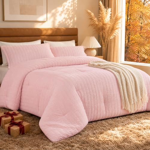 "Quataly Twin Comforter Set Seersucker Lightweight Bed Set for All Season,1 Elegant Light Pink Comforter (68""x90"") and 1 Soft Pillowcase (20""x30"")"