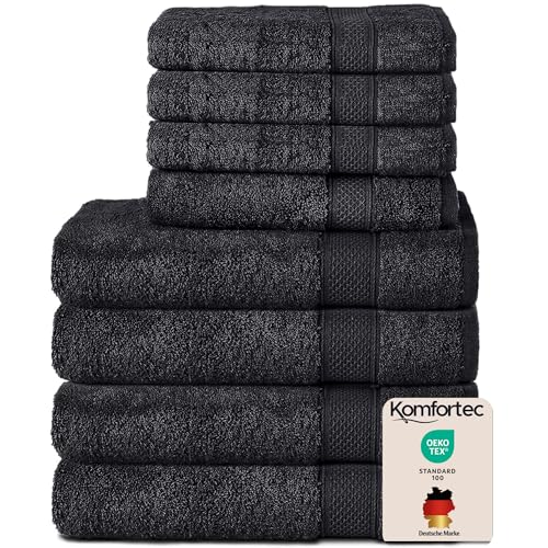 Komfortec Set of 8 Hand Towels 100% Cotton, 4 Bath Towels 70 x 140 cm and 4 Hand Towels 50 x 100 cm, Terry Clothing, Soft, Towel, Large, Black