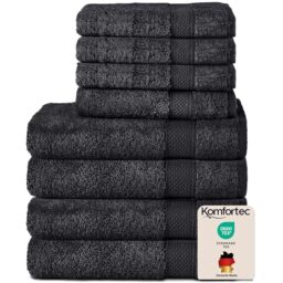 Komfortec Set of 8 Hand Towels 100% Cotton, 4 Bath Towels 70 x 140 cm and 4 Hand Towels 50 x 100 cm, Terry Clothing, Soft, Towel, Large, Black