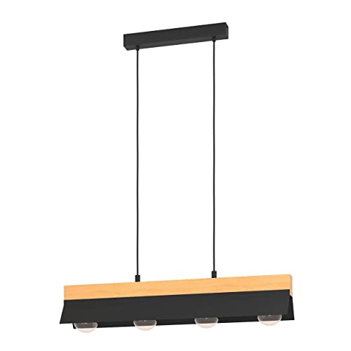 Eglo Pendant Lighting Tarrafo, 4 lamp Ceiling Light Fitting, FSC100HB, Hanging lamp for Dining and Living Room Made of Brown Wood and Black Metal, E27 Socket