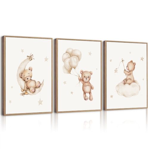 Baccone Bear Canvas Wall Art Set of 3 - Teddy Bear Nursery Prints for Baby Boy, Girls, Children's Room - Moon Star Cloud Neutral Decor - 16x24 Inch Unframed