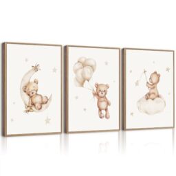 Baccone Bear Canvas Wall Art Set of 3 - Teddy Bear Nursery Prints for Baby Boy, Girls, Children's Room - Moon Star Cloud Neutral Decor - 16x24 Inch Unframed