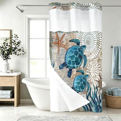 Final Friday Green and Teal Sea Turtles Theme No Hook Waffle Weave Shower Curtain with Snap in Liner Nautical Beach Bathroom Blue Ocean Decor Set 36 W x 74 H Inch Teal