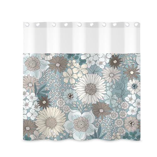 ggaimwf 71x71 Inch No Hook Floral Shower Curtain and Liner Set Blossom Boho Chill Design Snap in Shower Curtains for Bathroom Vintage Botanical Bathroom Set