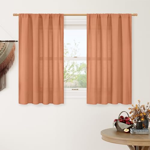 LAMIT Short Window Linen Curtains 40 Inch Length, Light Filtering Neutral Privacy Curtains Farmhouse Boho Rod Pocket Panels for Small Window, Terracotta, 2 Panels, 42 x 40 Inch