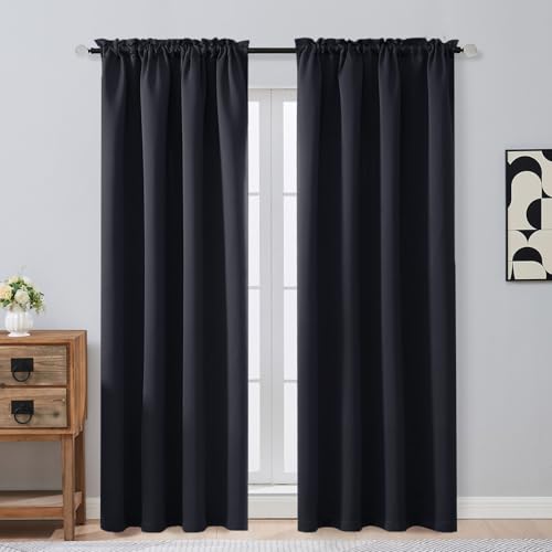 OVZME Black Blackout Curtains 84 Inches Long 2 Panels Set, Solid Thermal Insulated Soft Blackout Curtains for Bedroom, Dual Rod Pocket Window Treatments Drapes for Living Room, 2x50Wx84L Inches