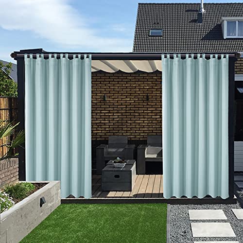 LORDTEX Waterproof Indoor/Outdoor Curtains for Patio Thermal Insulated - Sun Blocking Detachable Sticky Tab Top Blackout Curtains for Porch, Pergola, Cabana, 100 x 95 inch, 2 Panels, Seafoam