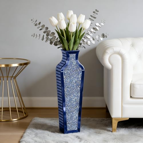 "SHYFOY 26.57"" Blue Mirrored Floor Vase with Crushed Diamond Inlay, Modern Tall Decorative Vase for Dried Flowers and Pampas Grass, Sparkly Glam Accent Home D??cor"