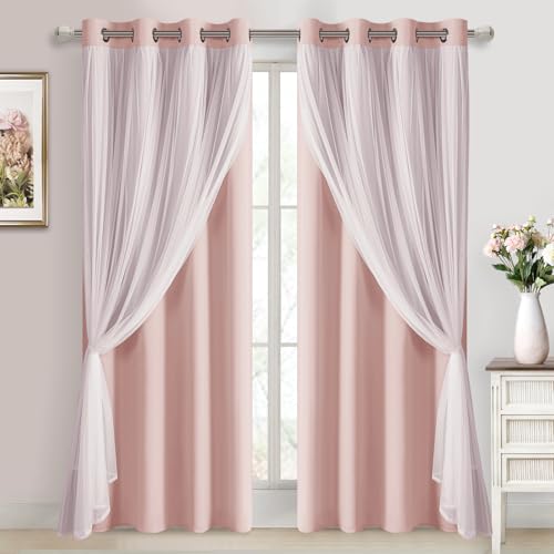 "DWCN Layered Curtains Blackout and Sheer Curtains with Tiebacks Grommet Top Window Curtain Panels for Living Room, Girls Bedroom, Nursery, 52"" x 84"", Rose Blush, 2 Pieces"