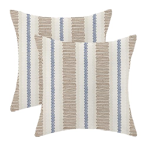 AEIOAE Brown Navy Blue Outdoor Pillow Covers 24 x 24 Inch, Beige Polka Dots Stripe Decor Throw Pillows for Couch Bed, Boho Modern Farmhouse Decorative Pillowcase Linen Cushion Cover Set of 2