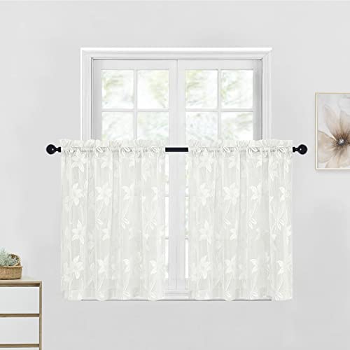DWCN 2 Pack Floral Lace Small Short Sheer Curtains for Kitchen - Light flitering Transparent Rod Pocket Half Window Sheer Curtains for Small Window Living Room Cafe, 30 x 36 inch, Ivory