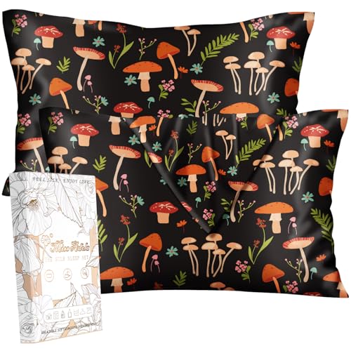 Miss Adola 2 Pack Silk Pillowcases - Standard Size 20 x 26 Inch Silky Pillow Cases for Hair and Skin Soft Smooth Cooling Aesthetic Bed Sleeping Pillow Covers with Zipper for Women, Mushroom Flowers