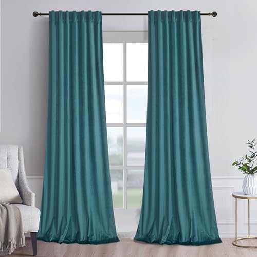 Roslynwood Luxury Soft Teal Blue Velvet Curtains 96 inches Long Back Tab Thermal Insulated Blackout Window Drapes for Living Room/Bedroom/Dining Room, W52 x L96, 2 Panels