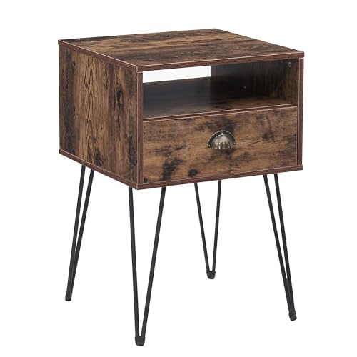 VECELO Bedside Table, Modern Sofa Side Cabinet with Drawer and Open Storage Shelf, Wooden Nightstand with Metal Legs for Bedroom, Living Room, Engineered Wood, Brown, 40x40x60 cm