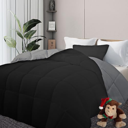 DOWNCOOL Comforter Full Size,Reversible Duvet Insert,Black/Grey Quilt - Reversible Corner Tabs,All Season, Down Alternative Hotel Comforter, Twin 64x88 Inches