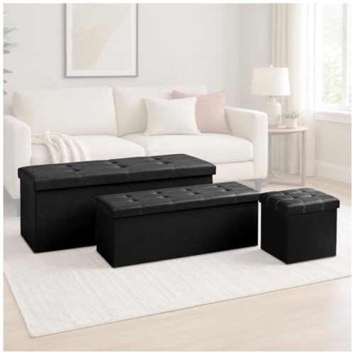 GC GAVENO CAVAILIA Extra Large Ottoman Storage Box With Lids, Black - Faux Leather Fabric Folding Ottoman Storage Bench 110x38x38 cm - Toy Chest Storage Box For Bedroom, Hallway, Entryway