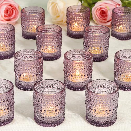 24 Pcs Votive Candle Holders, Purple Glass Candle Holders Bulk for Table Centerpiece, Tea Lights Candle Holders for Wedding Shower, Party and Home Decor