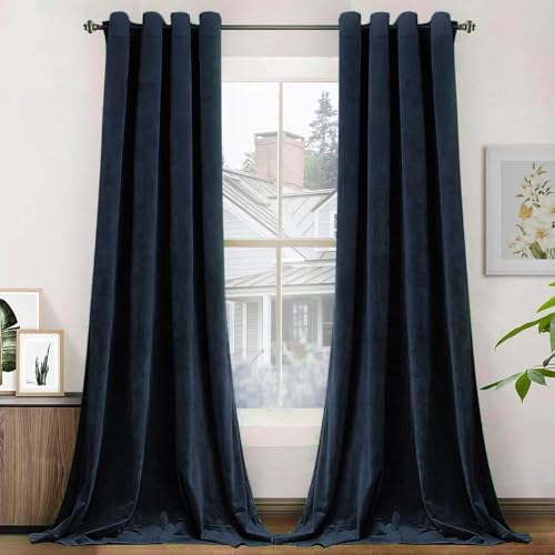 "SMILETIME Navy Blue Velvet Curtains 52""x108"" Grommet 2 Panels - OEKO-TEX rust-proof grommets light filtering heat insulated noise reducing, living room bedroom study, machine washable"
