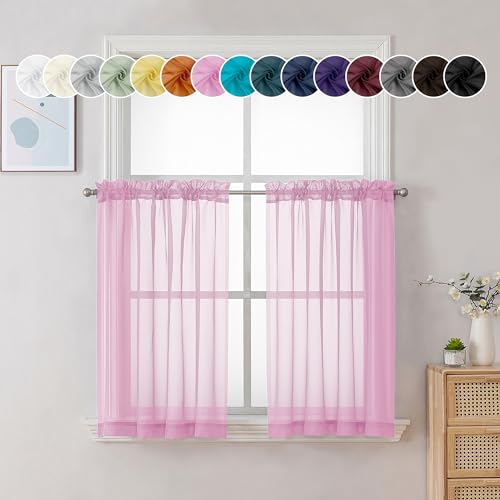 Chyhomenyc Pink Curtains Over Sink 36 Inch Length 2 Panels, Light Filtering Short Rod Pocket Voile Sheer Drapes for Bathroom Living Room Small Windows, Each 42W x 36L inches