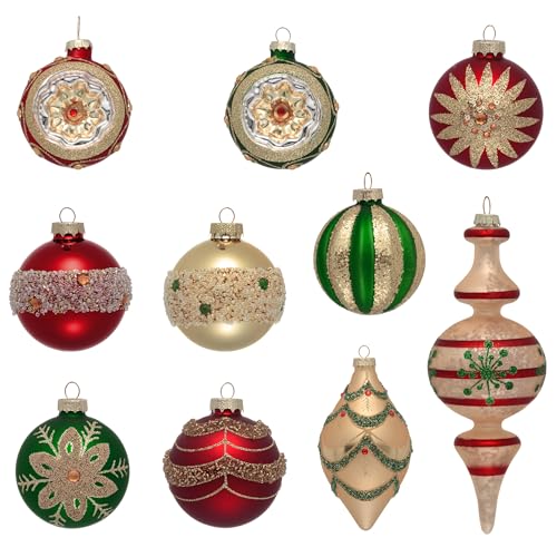Valery Madelyn 10ct Glass Christmas Ornaments Set Tree Decorations - Red Green Gold Mercury Blown Hanging Ball Ornaments Teardrop Finial Faceted Reflector Decor for Xmas Trees Holiday Party