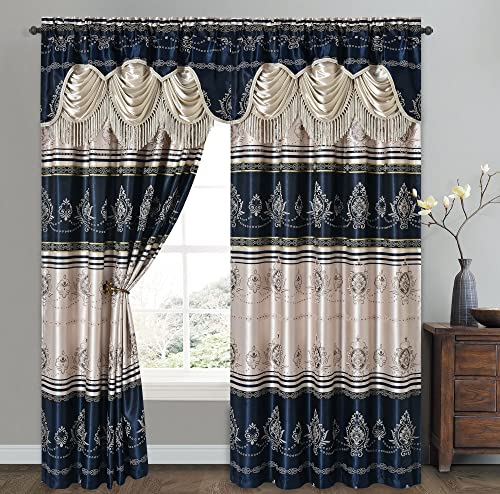 "GOHD Harmony Horizon. Jacquard Farmhouse Window Curtain Panel Drape with Attached Fancy Valance. 2pcs Set. Each pc 54"" Wide x 90"" Drop with 18"" Valance. (Navy Blue)"