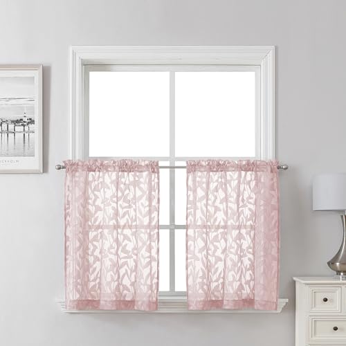 "Lecloud Leia Blush Pink Kitchen Sheer Curtains 24 Inch 2 Pcs, Jacquard Leaf Textured Voile Short Curtain Tiers with Rod Pocket, Soft Airy Bathroom Bedroom Curtains for Small Windows, 30"" W x 24"" L"