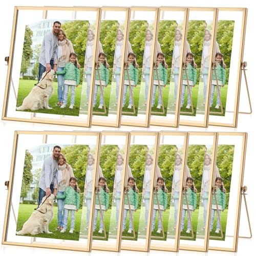 Hoteam 12 Pack 5 x 7 Inches Floating Frame Glass Photo Frame Collection Vintage Metal Minimal Ornate Easel for Pictures Photos Desk Tabletop Display(Gold)