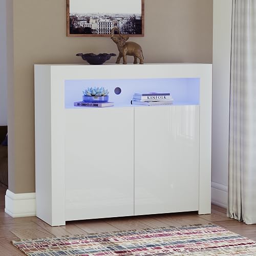 Vida Designs Nova 2 Door Modern LED Sideboard in White, RGB Lights (Fade/Strobe Options Included), High Gloss