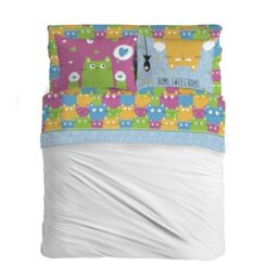 PENSIERI DELICATI Double Bed Set 100% Cotton, Complete Double Bed Sheet Set, 180 x 200 cm, Including Bottom Sheet, Top Sheet and 2 Pillowcases, Made in Italy, Happycat Multicolour Pattern