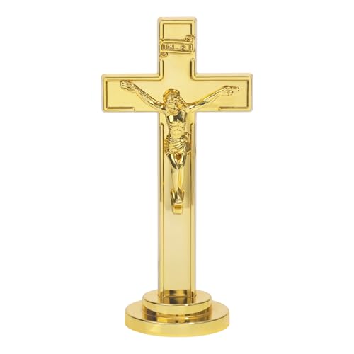 JuXinDa JUXINGDAZYF Crucifix Standing Cross, Plastic Tabletop Wall Hanging Jesus Christ Catholic Cross Crucifix Wall Cross for Home Decor, Devout Gifts (Gold - 7 Inch)