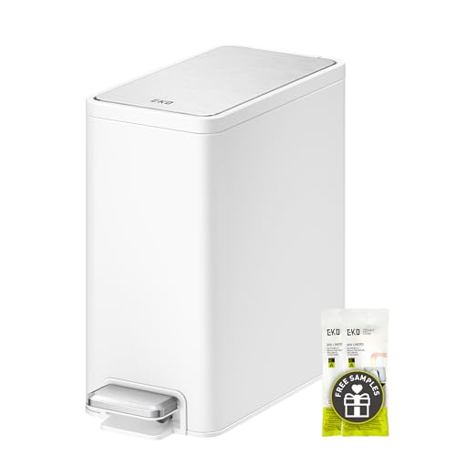 EKO Slim Small Bathroom Trash Can with Lid, Stainless Steel Small Garbage Can with Removable Inner Bucket, 6L / 1.6 Gal, Step On Trash Bin (White)