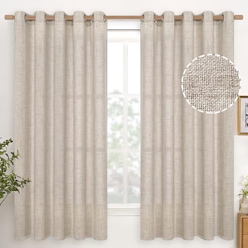 YoungsTex Natural Linen Curtains 63 Inch Length 2 Panel Linen Textured Curtains with Bronze Grommet Light Filtering Window Drapes for Living Room, 60 X 63 Inch