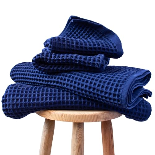 P??sk??l - 4 Pieces Waffle Towel Sets for Bathroom, Premium Organic Turkish Cotton 2 Hand Towels 2 Bath Towels Set (Navy Blue)