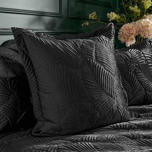 Paoletti Palmeria Cushion Cover (Black - 60x60cm) - Luxurious Quilted Palm Leaf Embroidered Oxford Edge Decorative Case