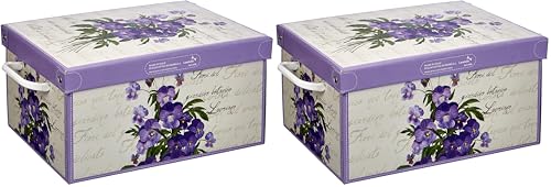 Lavatelli KANGURU Storage Box in Recyclable Cardboard lid, Storing Clothes, Wardrobe, Toys, White Small Size 35 x 25 x 17.5 cm, Scented Violet (Pack of 2)