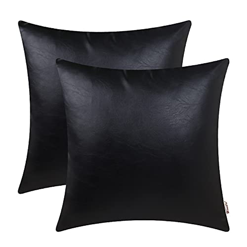 BRAWARM Decorative Throw Pillow Covers, Faux Leather Throw Pillow Cushion Covers, Solid Faux Leather Couch Cases for Living Room Garden Bed, Black, 40cm x 40cm, Pack of 2