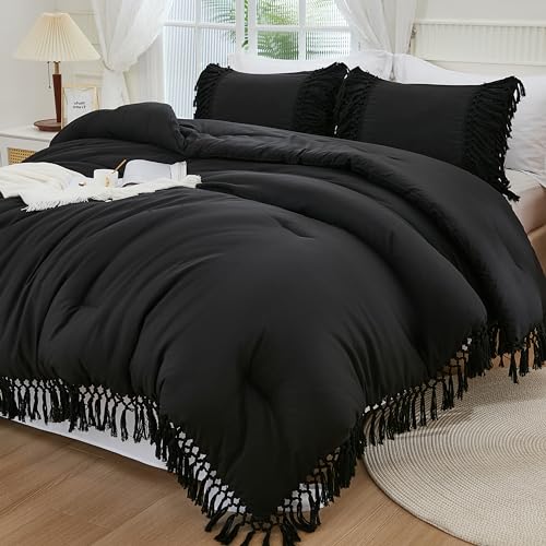 Andency Black Comforter Set King, 3 Pieces Boho Tassel Bedding - Lightweight Soft Comforter Sets(104x90In) and 2 Pillowcases, All-Season Fluffy Fringe