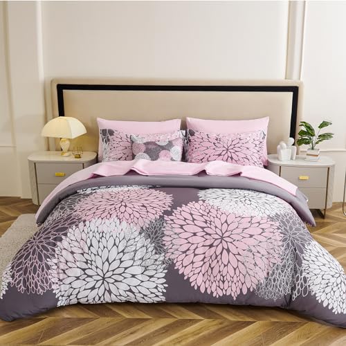 Koniroom 8 Pieces Pink and Grey Comforter Set King Size Bed in a Bag King with for Women Teen Girls, Reversible Comforter with 2 Pillow Shams 1 Pink Flat Sheet 1 Fitted Sheet 2 Pillowcases