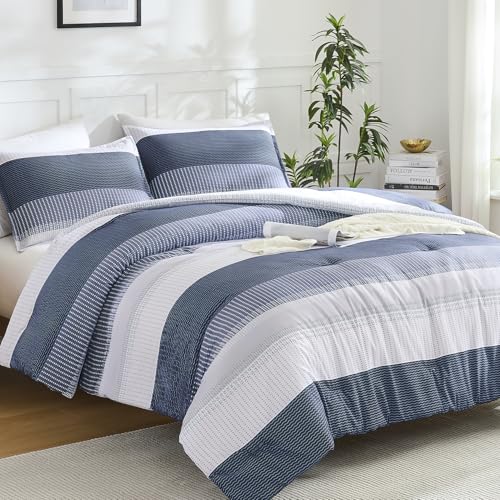 Litanika Full Comforter Set - 3 Pieces Stripe Bedding Comforter Sets - Black Blue Boys Men Fluffy Lightweight Soft Colorblock Down Alternative All Season Bed Set