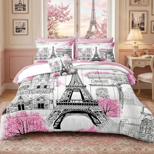 Bedbay Pink Paris Comforter Set with Sheets - 8 Piece Romantic Couple Bedding - Cal King Size Bed in a Bag- Pink Cherry Blossom Floral Comforter Bed Set
