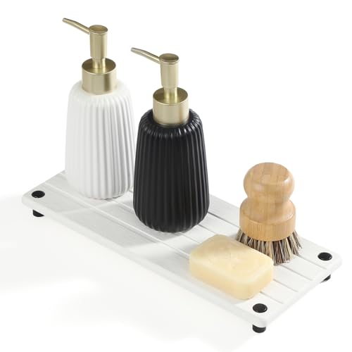 "Razborci Instant Dry Sink Caddy Kitchen Sink Organizer, Quick Drying Stone Tray Diatomite Sponge Holder Soap Dish, Bathroom Countertop Fast Dry Water Absorbing Vanity Rack, White, 12"" x 5"""