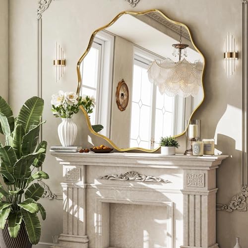 "VooBang Gold Scalloped Circle Mirror, 36"" Wavy Edge Round Wall Mirror - Tempered Glass Textured Circular Metal Deep Frame, Hanging Leaning for Bathroom, Hallway, Entryway, Livng Room"
