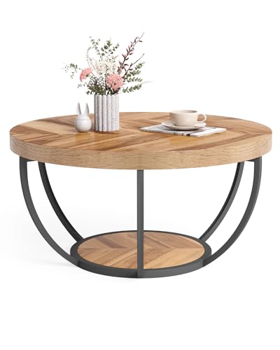 "LITTLE TREE Round Coffee Table, 32"" Circle Coffee Table for Living Room, 2-Tier Wood Accent Center Table with Open Storage Industrial Design Home Furniture (Wood Grain and Black)"