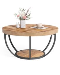 "LITTLE TREE Round Coffee Table, 32"" Circle Coffee Table for Living Room, 2-Tier Wood Accent Center Table with Open Storage Industrial Design Home Furniture (Wood Grain and Black)"