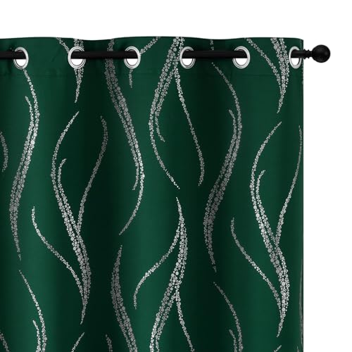 Yakamok Blackout Curtains 72 inch Length Living Room Thermal Insulated Silver Wave Line Dots Pattern Curtains Room Darkening Grommet Curtains for Bedroom, Emerald Green, W62 x L72-inch, 2 Panels